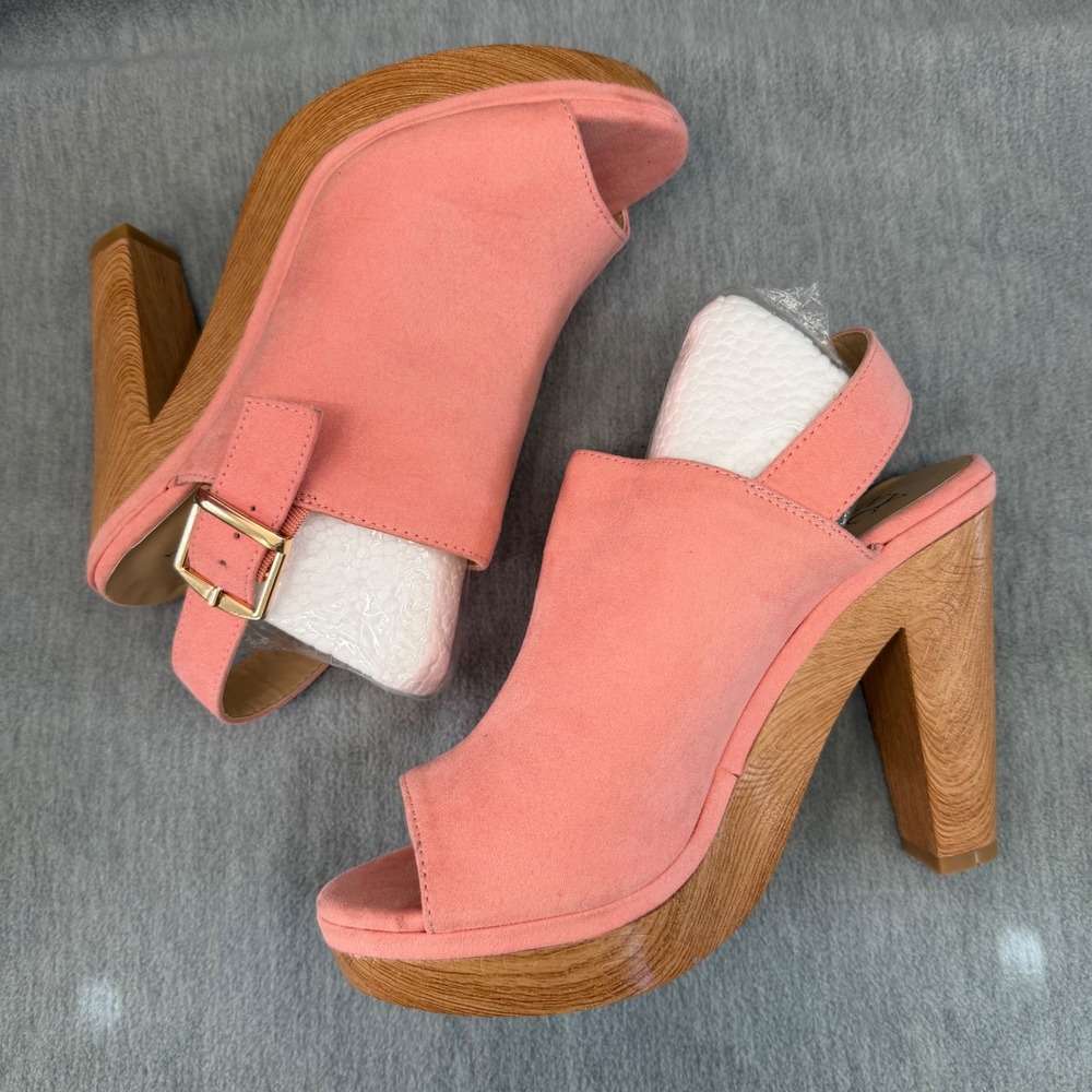 NY&C Platform Sandals 8 Pink Faux Suede Wood Heel CottageCore Peep Toe Coquette - Picture 4 of 10